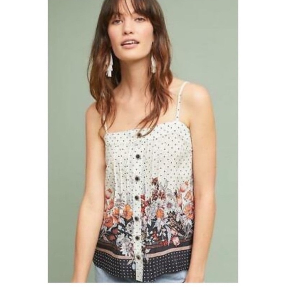Anthropologie Maeve Silk Floral Polkadot Button Front Cami Tank Top Sz 6